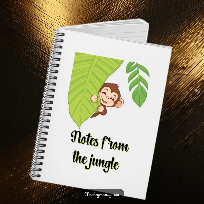 Playful Monkey Notebook with a monkey peeking with a wink from behind a tropical leaf, perfect for fun notes.