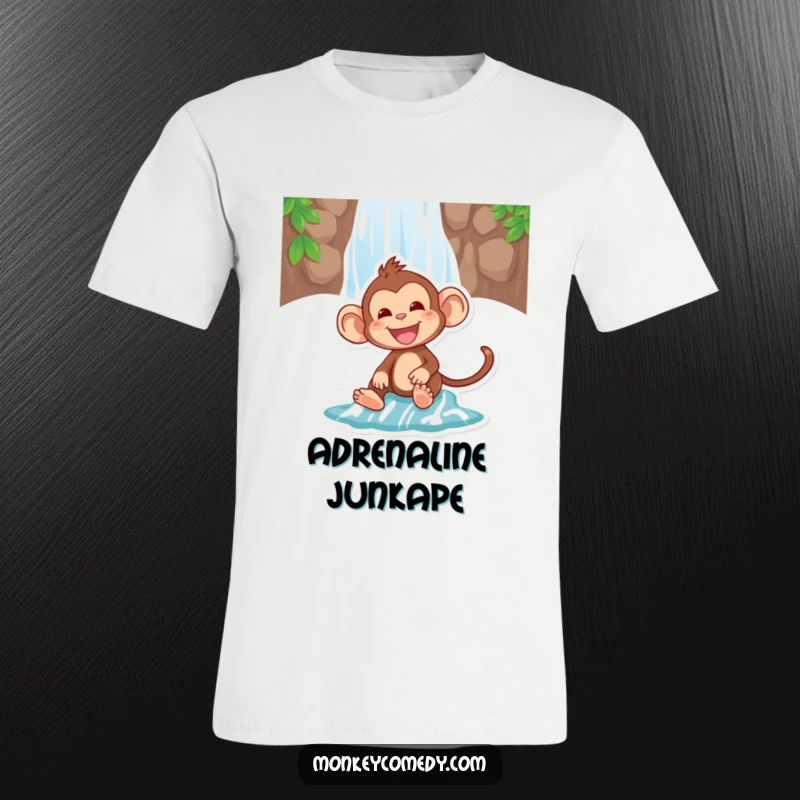 Funny t-shirt showcasing a delighted monkey sliding down a waterfall with a joyful squeal, perfect for adventure lovers.