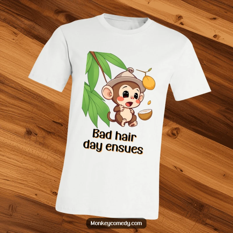Funny surprised monkey t-shirt depicting a monkey in a hat looking shocked by a falling coconut, celebrating life's surprises.