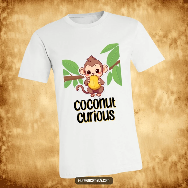 Curious Kawaii Monkey T-Shirt with a lovable monkey holding a coconut, symbolizing adventure and discovery.