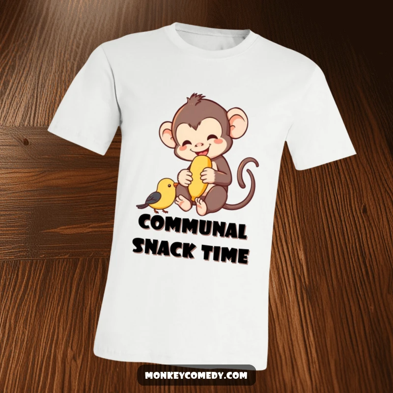 Funny monkey sharing a banana with a small bird, happy interaction, humorous t-shirt, great funny gift.