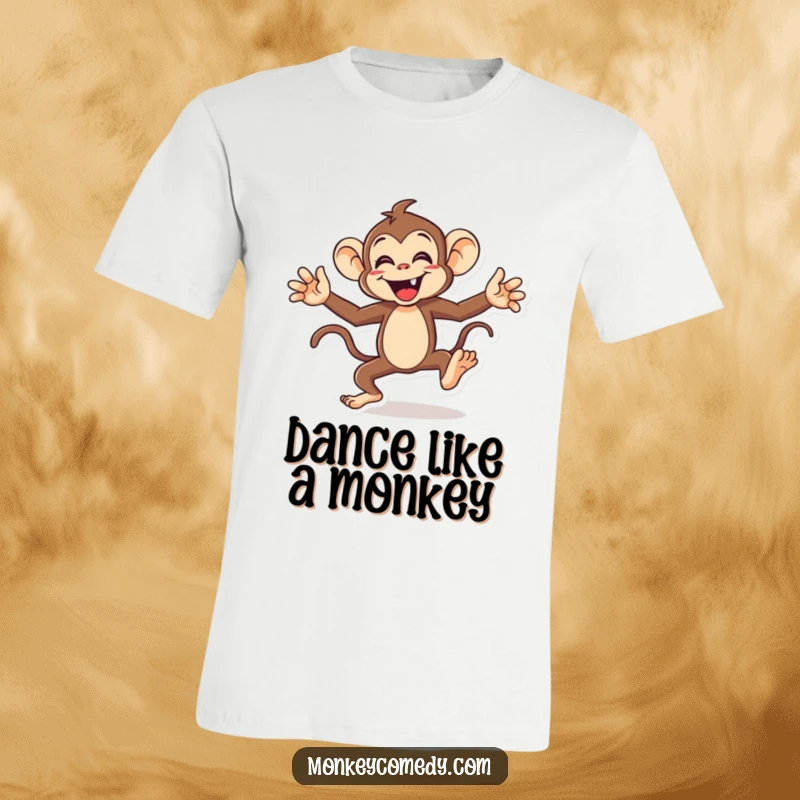 Funny monkey t-shirt featuring an energetic character doing a hilarious dance with arms and legs flailing, capturing a moment of joyful abandon.