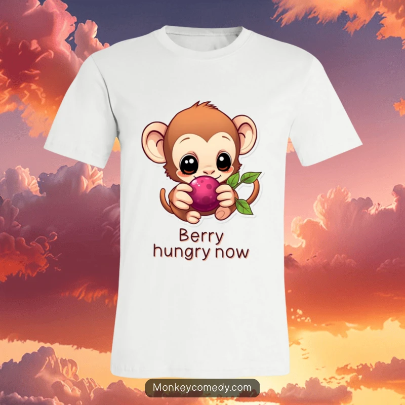 Eager Kawaii Monkey T-Shirt with a monkey reaching for a berry, showcasing excitement and anticipation.
