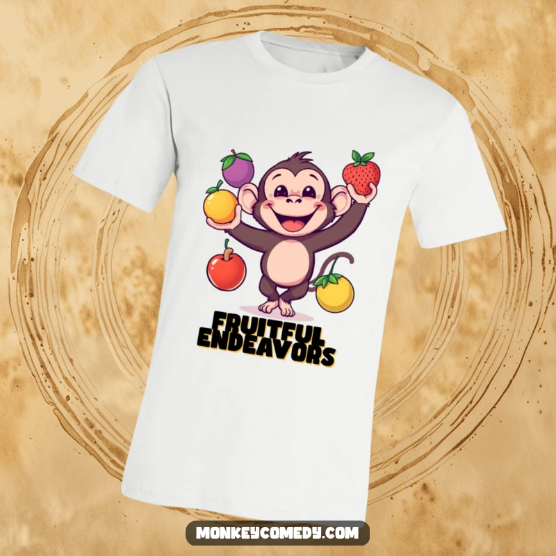 Funny monkey with a wide grin juggling three colorful fruits, printed on a fun t-shirt, great gift.