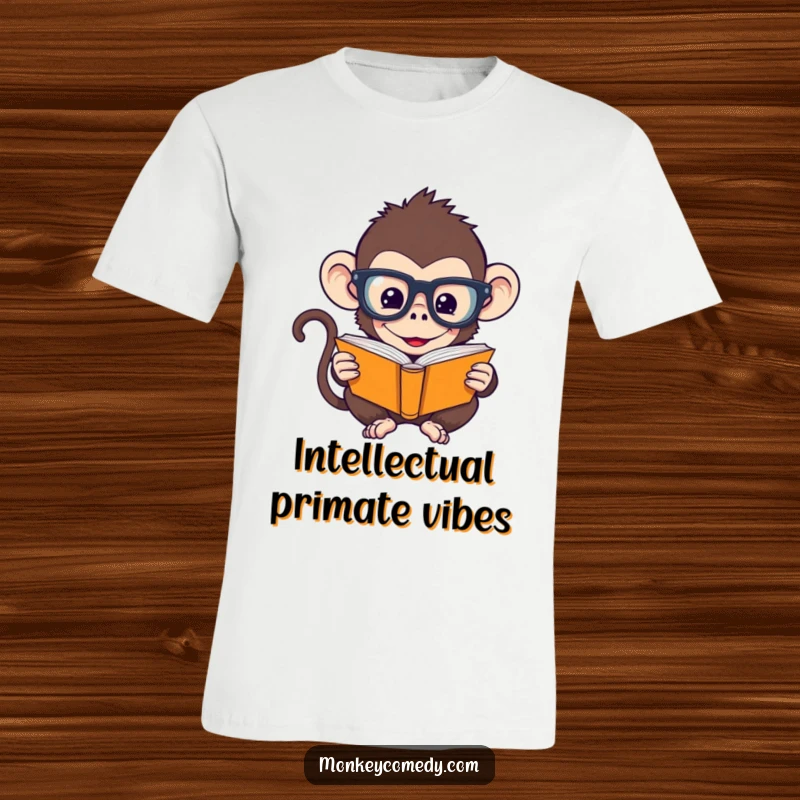 Funny Monkey T-Shirt: A humorous monkey with oversized glasses is reading a tiny book, looking studious and funny.