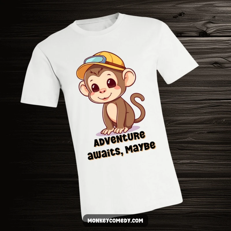 Funny kawaii monkey t-shirt, explorer hat, looking around curiously, cute and humorous adventure apparel.