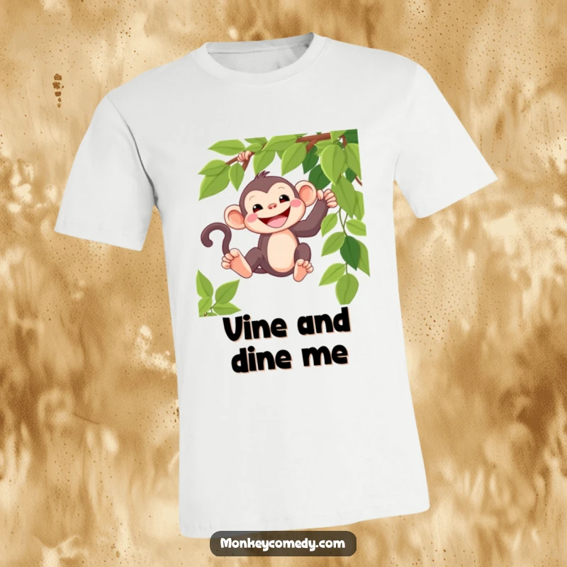 Funny kawaii monkey t-shirt, wide grin, swinging on a vine, cute and humorous jungle apparel.