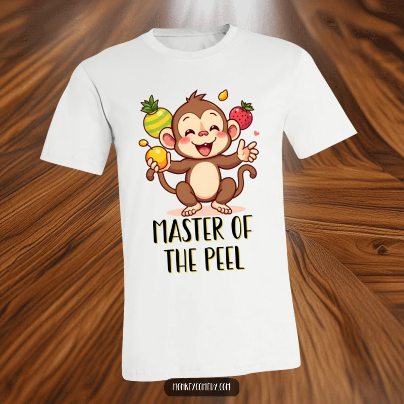 Funny Kawaii Monkey Juggling Colorful Fruits T-Shirt, a cheerful primate tossing various fruits mid-air, a vibrant and funny graphic tee.