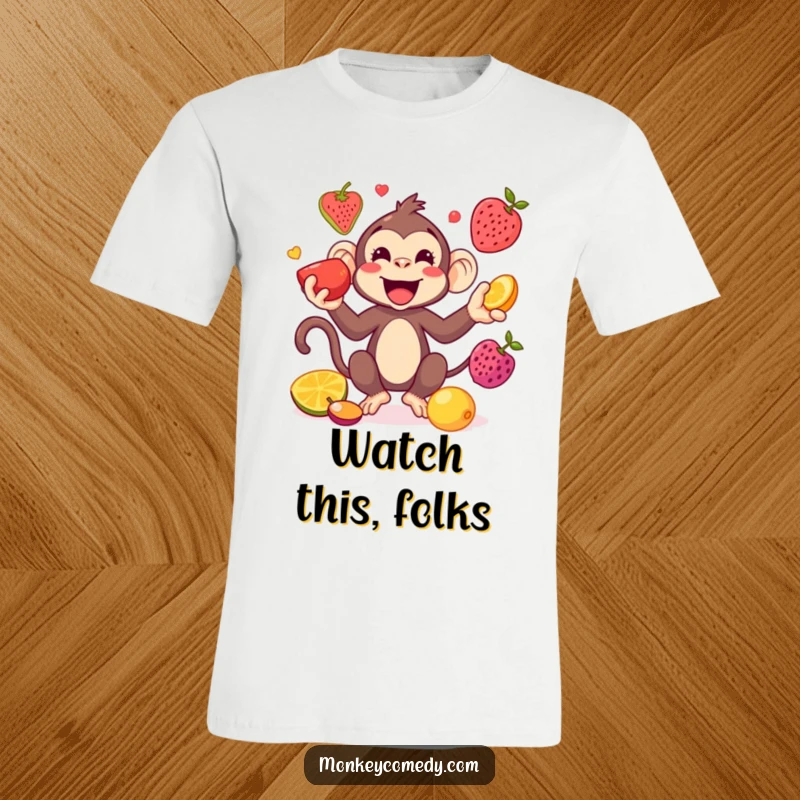 Funny Kawaii Monkey Juggling T-Shirt: A kawaii monkey playfully juggles colorful fruits, embodying skill and lighthearted fun.