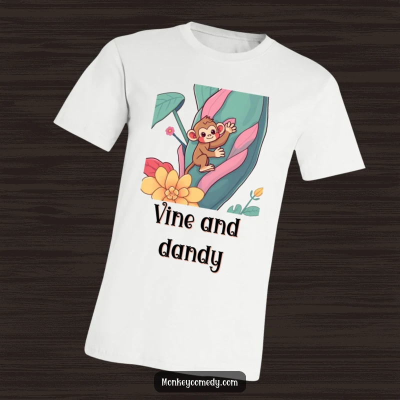 Funny Kawaii monkey t-shirt, a cheeky primate humorously scaling a huge, vibrant plant, great funny gift idea.