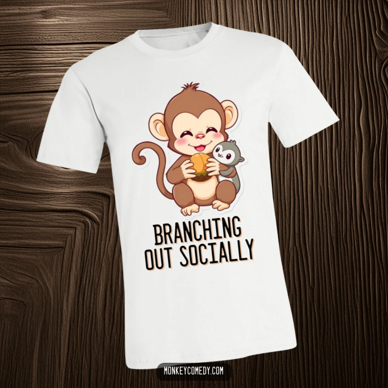 Funny Kawaii Monkey T-Shirt: A charming monkey offers a nut to a friend, symbolizing kindness and cute companionship.