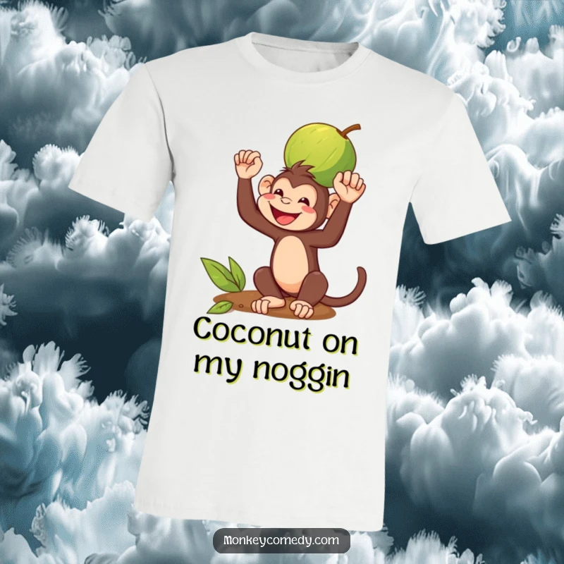 Funny T-Shirt: A monkey grins widely while balancing a coconut on its head, showcasing a hilarious talent for equilibrium.