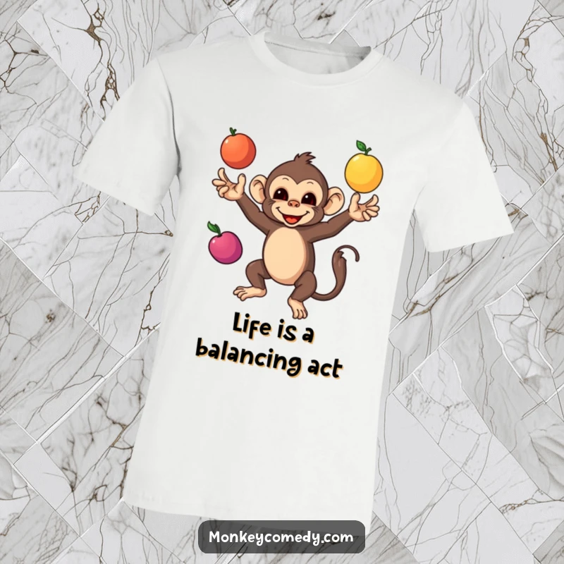 Funny Monkey T-Shirt depicting a talented monkey expertly juggling three colorful fruits, symbolizing skill, fun, and a zest for life.