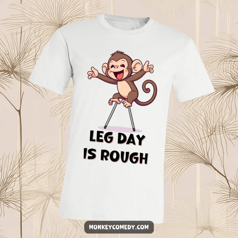 Funny monkey on stilts t-shirt, captured mid-wobble, looking hilariously determined to stay upright, a comical sight for all.