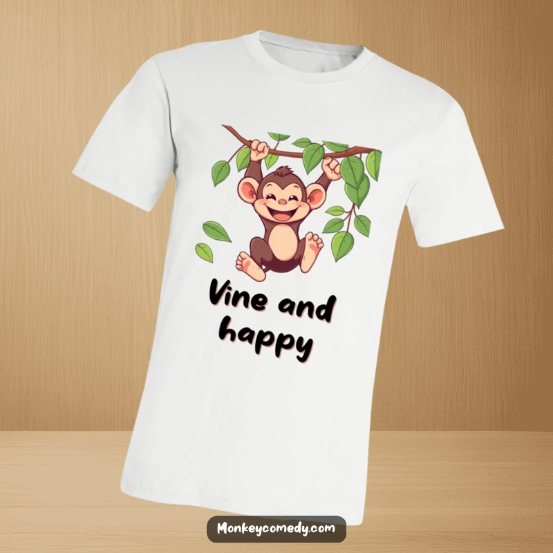 Funny T-Shirt: A playful monkey swings joyfully from a vine, its wide grin capturing pure, unadulterated happiness.