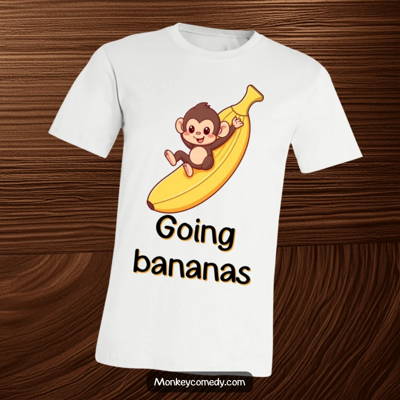 Funny monkey playfully sliding down a giant banana peel, printed on a fun t-shirt, great gift.