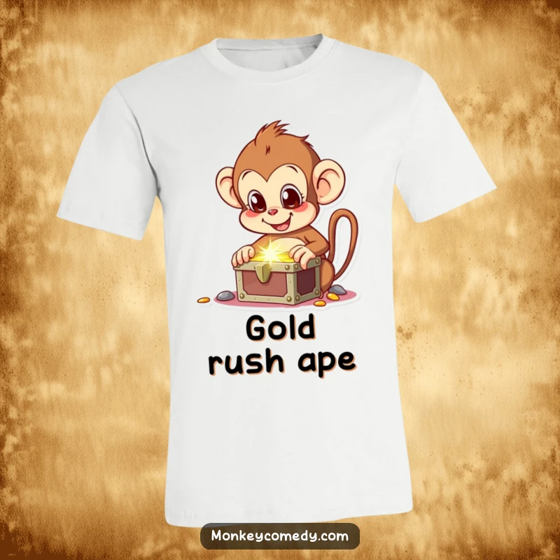 Funny t-shirt featuring an ecstatic monkey finding a shimmering treasure chest, perfect for lovers of adventure and mystery.