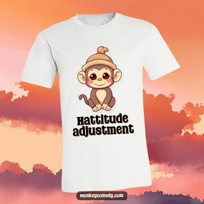 Funny Kawaii Monkey T-Shirt: A cute monkey sports a tiny, crooked hat, radiating quirky charm and playful style.