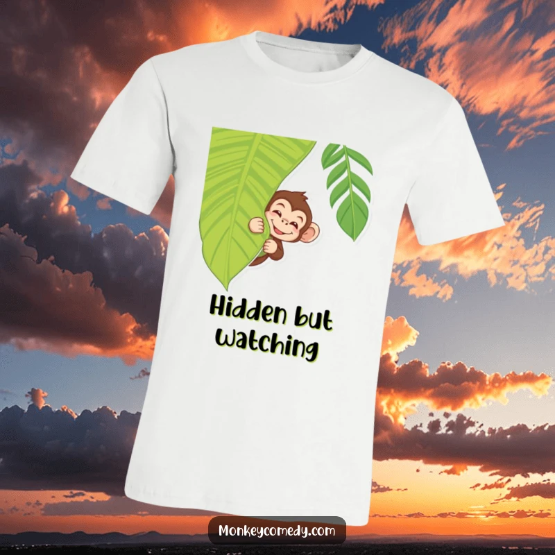 Playful Monkey T-Shirt featuring a monkey peeking with a wink from behind a tropical leaf, a fun graphic tee.