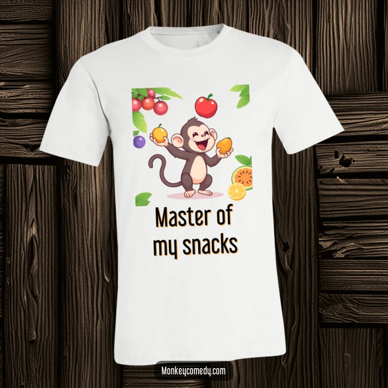 Funny t-shirt depicting a charismatic monkey skillfully juggling three colorful fruits, exuding playful energy and talent.
