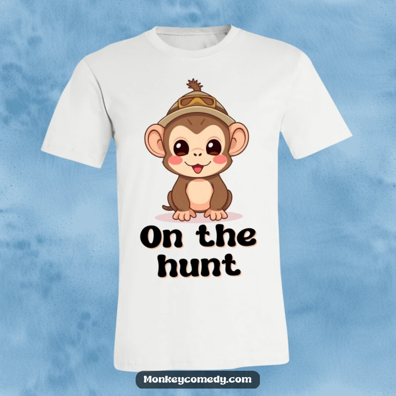Funny Kawaii Monkey Explorer T-Shirt: A cute monkey wearing a tiny explorer hat, looking eagerly ahead.