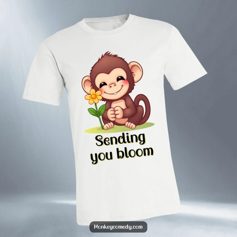 Funny Monkey Flower T-Shirt: A cheerful monkey presents a tiny flower with a warm smile, symbolizing kindness, love, and simple beauty.