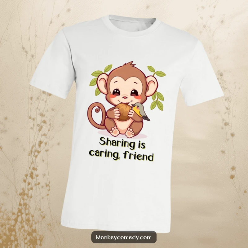 Funny t-shirt depicting a cheerful monkey sharing food with a tiny bird, highlighting an act of kindness and friendship.