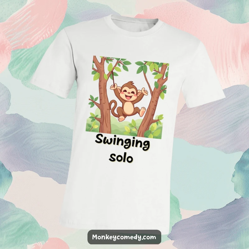 Funny Kawaii Monkey T-Shirt: A delightful illustration of a cute monkey swinging with glee through lush green trees.