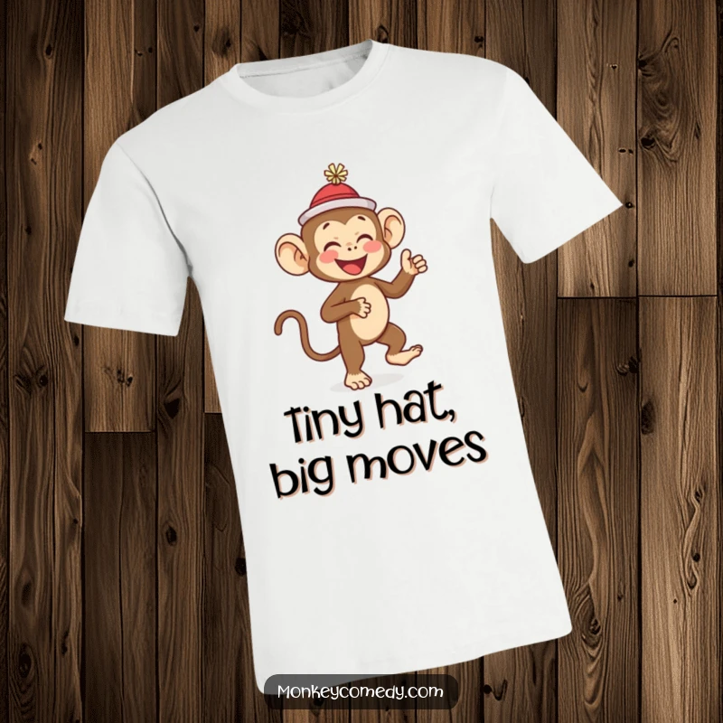 Funny monkey wearing a tiny hat, giggling hysterically while doing a silly dance, a hilarious tee for a funny gift.