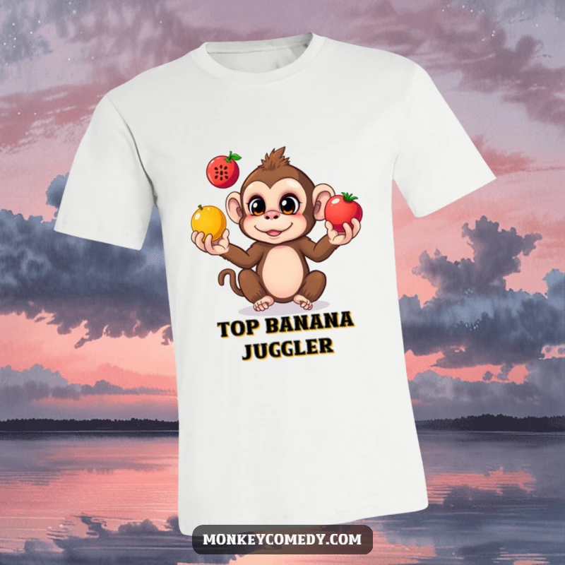 Funny monkey t-shirt showcasing a curious monkey with eager eyes, juggling three vibrant fruits with impressive dexterity.