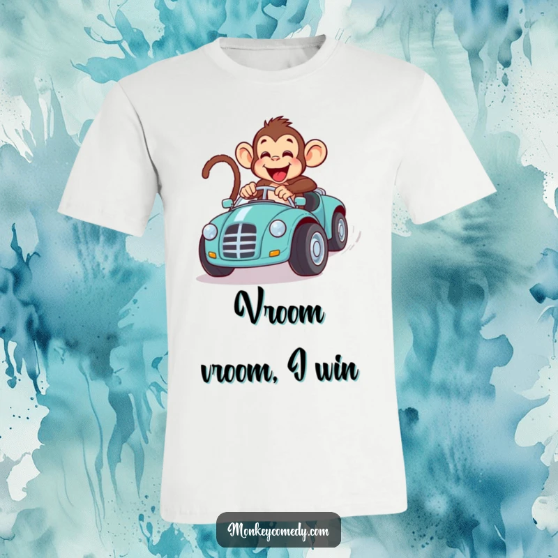 Funny monkey racing a giant toy car with hilarious intensity, wind in its fur, a comical depiction of speed.