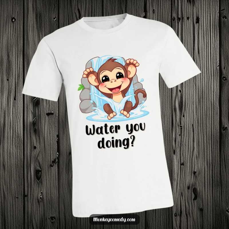 Funny t-shirt depicting a smiling monkey joyfully splashing water from a waterfall, capturing a moment of refreshing, playful delight.