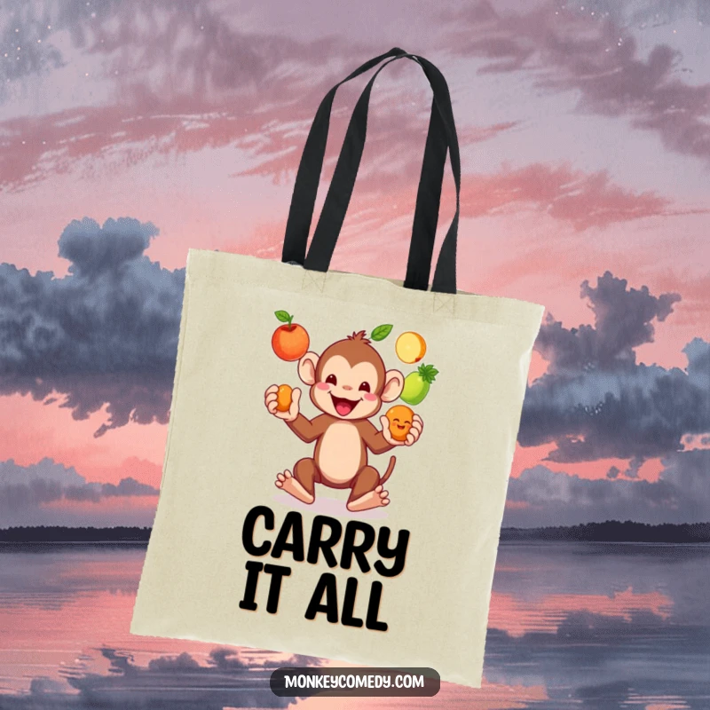 Funny Monkey Juggling Tote Bag: A cheerful monkey juggles bright fruits, making this durable tote a stylish and humorous companion.