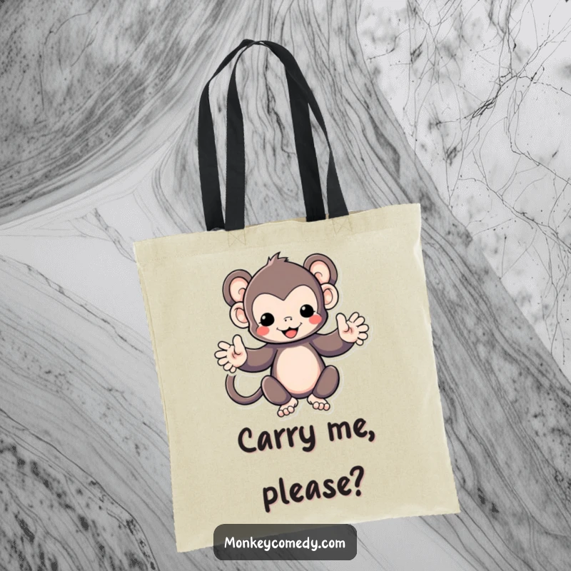 Funny Kawaii monkey with arms spread wide, ready for hugs, printed on a durable tote bag, cute accessory.