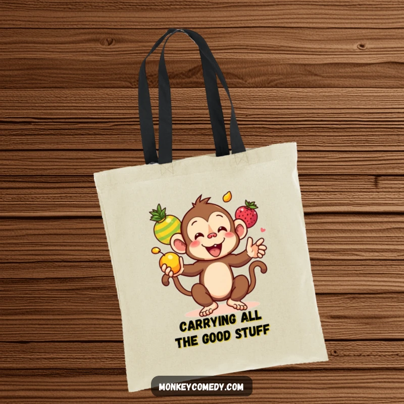 Funny Kawaii Monkey Juggling Colorful Fruits Tote Bag, a whimsical monkey artistically juggling fruits, a practical and funny accessory.