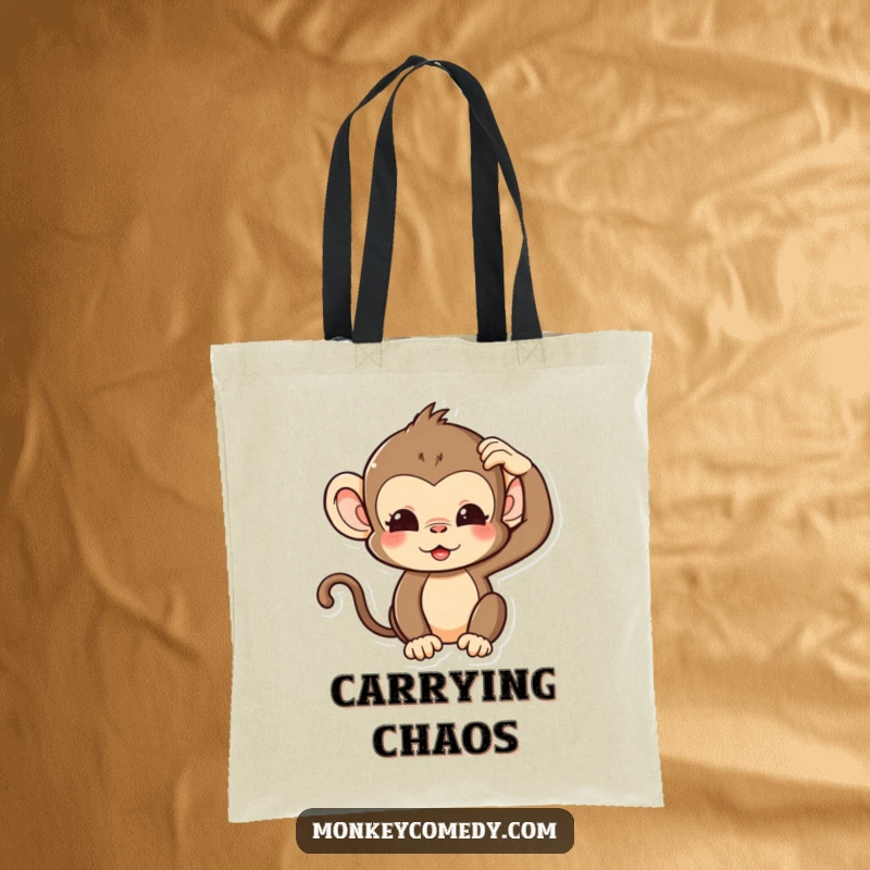 Funny Kawaii Monkey Tote Bag showing a cute monkey with a silly expression, scratching its head, a humorous and practical accessory.
