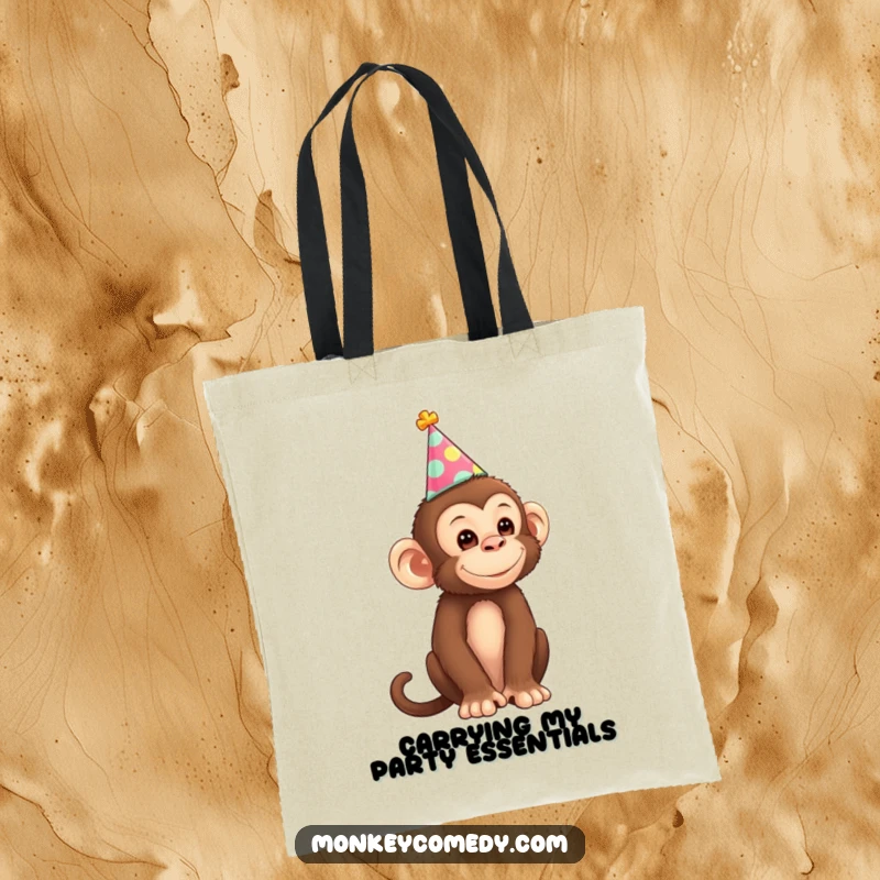 Funny Monkey Tote Bag depicting a playful monkey in a cute party hat, ideal for shopping or carrying daily essentials with a smile.