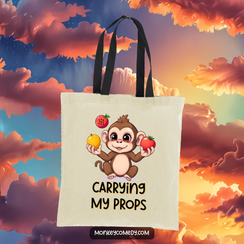 Funny monkey tote bag showing a curious monkey juggling colorful fruits, ideal for everyday use.