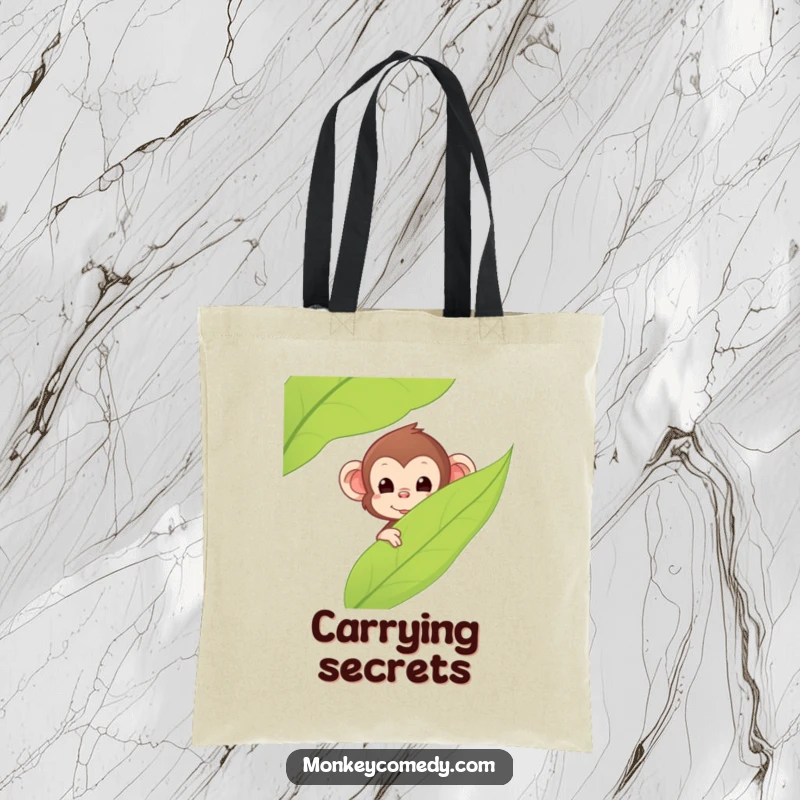 Funny Kawaii Monkey Tote Bag, durable and cute, features a monkey peeking from behind a large leaf, perfect for everyday use, great funny gift.