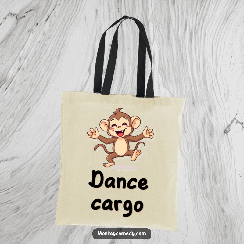 Funny monkey tote bag featuring an energetic character doing a funny dance with arms and legs flailing, a humorous and practical accessory.
