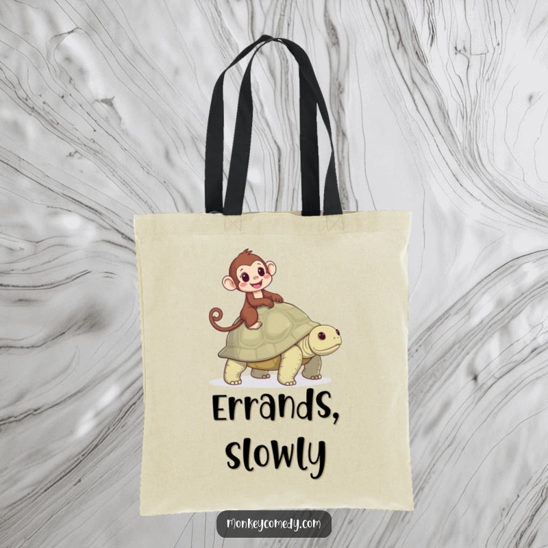 Funny tote bag depicting a monkey riding a tortoise with great joy, perfect for carrying your items with a sense of relaxed fun.