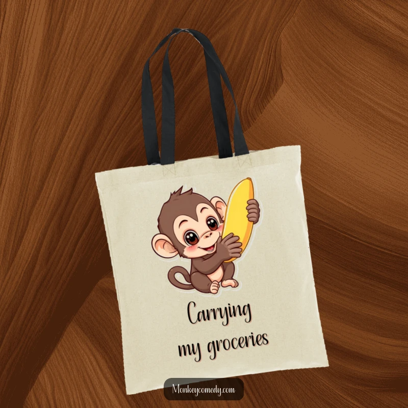 Funny curious monkey tote bag with wide eyes reaching for a banana, symbolizing desire and a love for snacks.