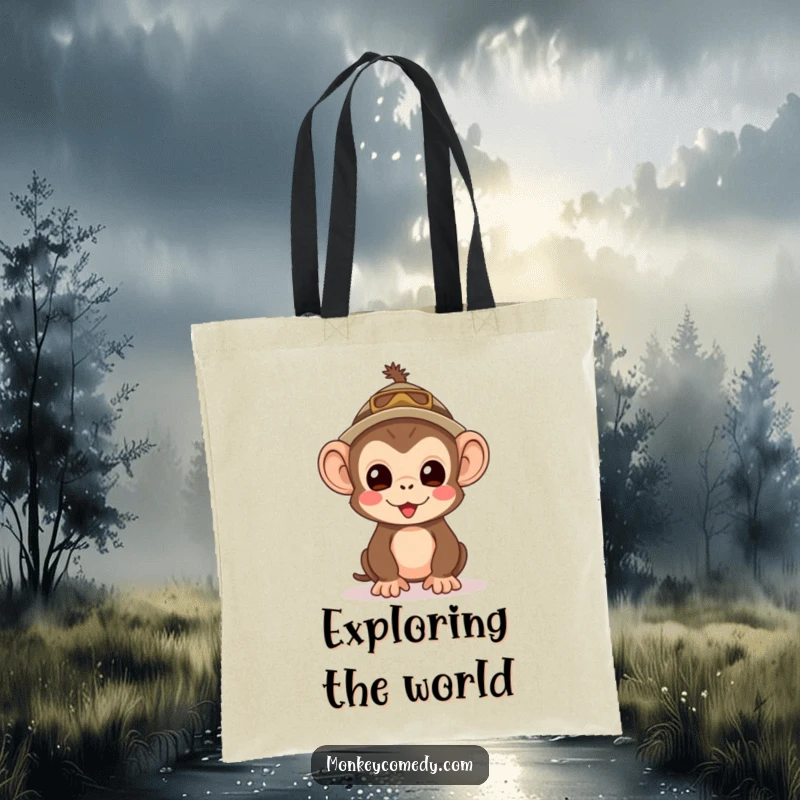 Funny Kawaii Monkey Explorer Tote Bag: A practical tote with a cute monkey in an explorer hat, ready for adventure.