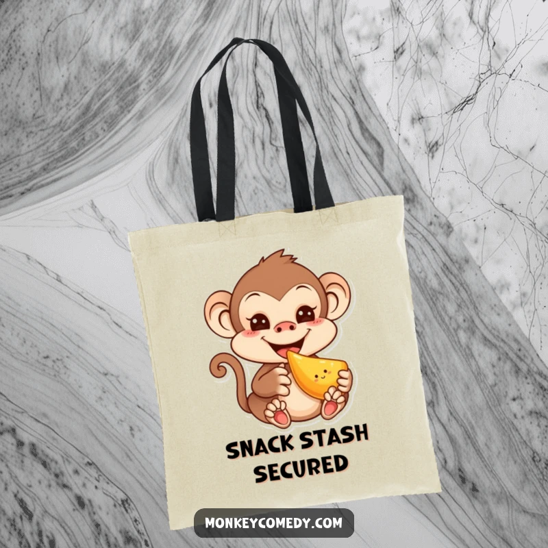 Funny canvas tote bag featuring a mischievous kawaii monkey with a grin, happily eating fruit, ideal for everyday use.