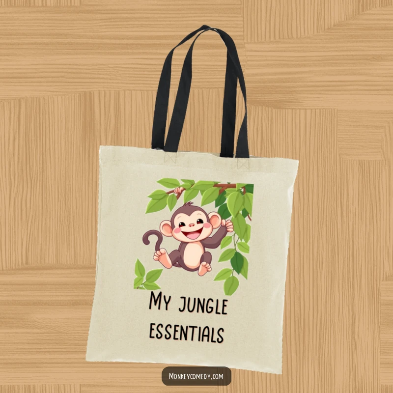 Funny kawaii monkey tote bag, wide grin, swinging with joy, durable and cute jungle accessory.