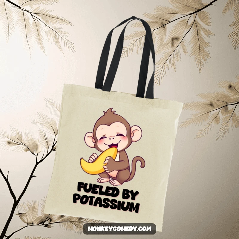 Funny monkey eyes closed in bliss, munching a banana enthusiastically, making this tote bag a humorous and practical funny gift.