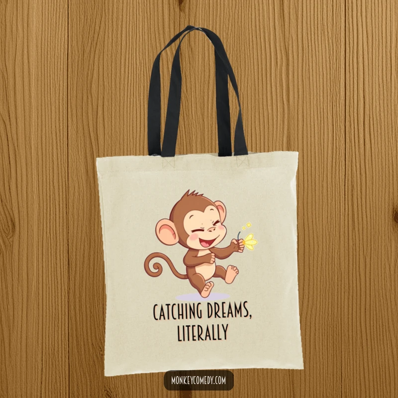 Funny monkey with a sly grin, chasing a glowing firefly, making this tote bag a humorous and practical funny gift.