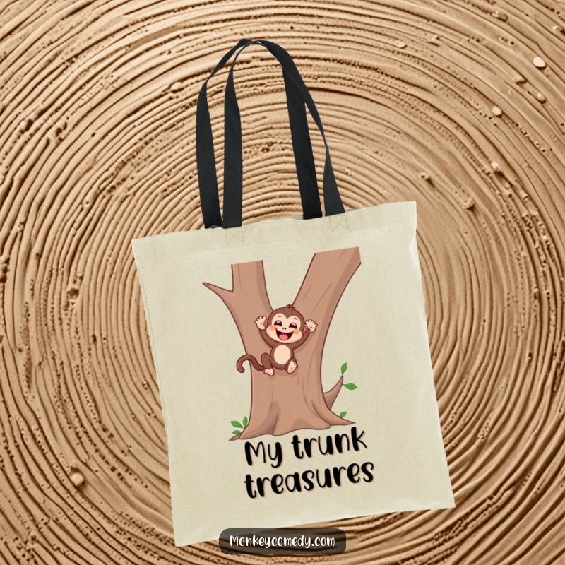 Funny monkey tote bag showing a gleeful monkey sliding down a tree trunk, perfect for carrying everyday items with joy.