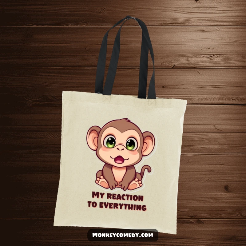 Funny Monkey Tote Bag showcasing a monkey with wide, surprised eyes, perfect for errands and carrying items with a comical reaction.