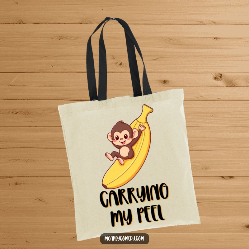 Funny monkey playfully sliding down a giant banana peel on a durable tote bag, ready for gifting.